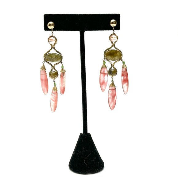 Vintage 14kGF Rutilated Green & Cherry Quartz Drop Statement Earrings Signed EUC - Picture 3 of 4